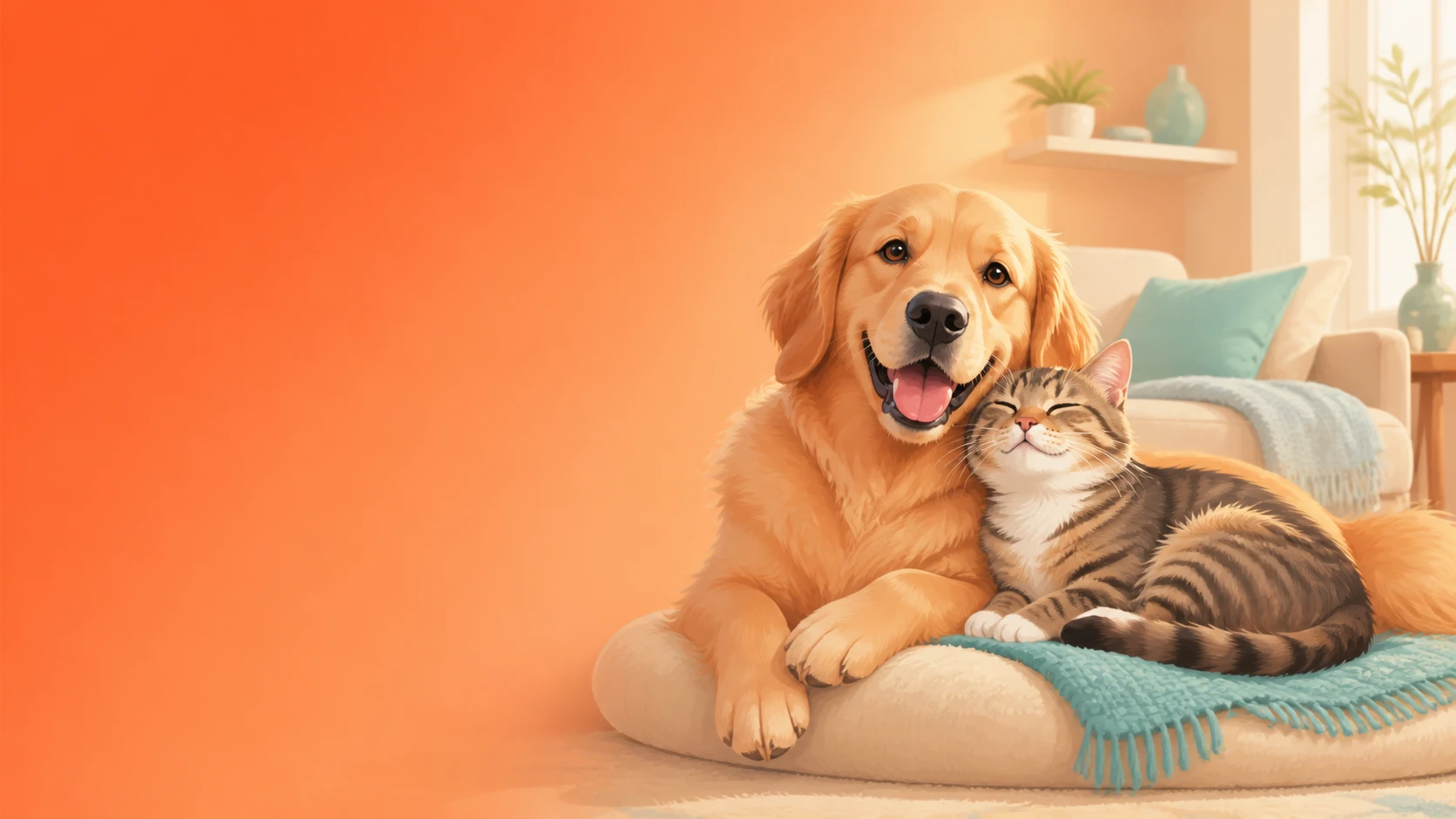 A happy dog and cat sitting together